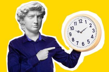 Abstract modern collage. The man with the plaster head of David holding a large wall clock and points a finger at them - obrazy, fototapety, plakaty