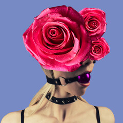 Abstract contemporary art collage portrait of young woman with flowers on face hides her eyes Sexy lady in bdsm outfit. Close-up girl in collar with gag in mouth