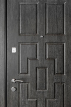 Wooden Dark Door Entrance With Iron Handle, Key Lock Hole And Peephole