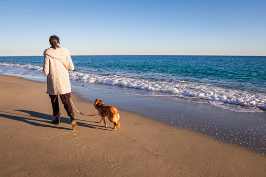 young italian woman walking on the shore with her dog