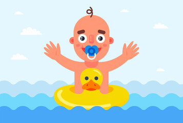 lifebuoy in the shape of a duck. child swims in the sea. flat vector illustration.