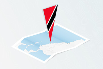 Isometric paper map of Trinidad and Tobago with triangular flag of Trinidad and Tobago in isometric style. Map on topographic background.