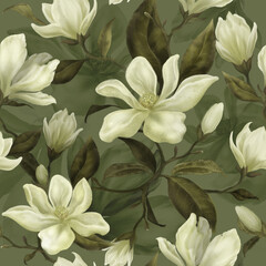 Beautiful floral seamless pattern. Hand painted magnolia flowers on dark background