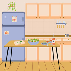 Cozy kitchen interior with furniture. Dining Room design in pastel colours with wooden furniture. Indoor home decor. Modern kitchen interior design in flat vector style.