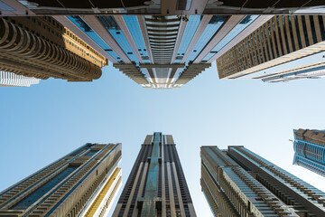 View of tall skyscrappers in Dubai, UAE.