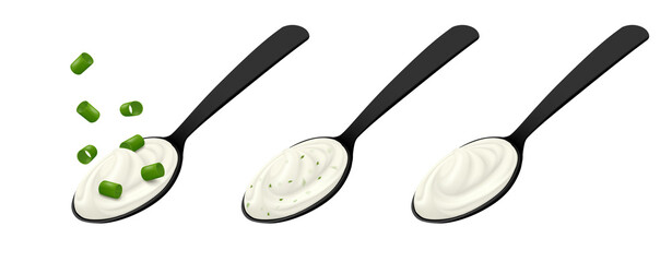 Black spoon with sour cream, herbs and green onions isolated on white background. Side view. Realistic vector illustration.