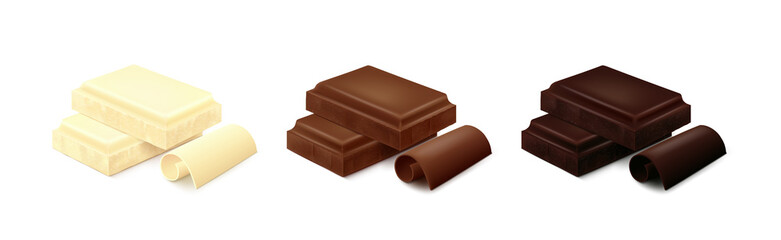 Two pieces of chocolate bar - white, milk and dark with curls isolated on white background. Side view. Realistic vector illustration. 