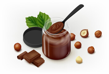 Hazelnut cocoa spread in a glass jar, black spoon, scattered filbert kernels, chocolate pieces, leaves and plastic lid on gray background. Realistic vector illustration. Side view.
