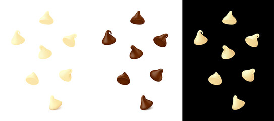 Falling down milk and white chocolate chips. Realistic vector illustration. 