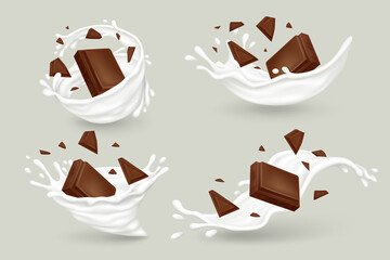 Milk splashes with chocolate pieces and chunks on gray background. Realistic vector illustration. - obrazy, fototapety, plakaty