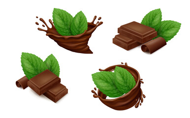 Mint leaves in cocoa splashes, with lying down pieces of chocolate isolated on white background. Side view. Realistic vector illustration.
