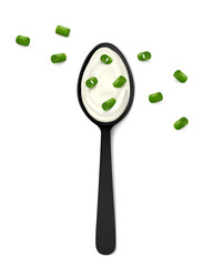 Black spoon with sour cream and chopped green onion (chives) isolated on white background. Top view. Realistic vector illustration.