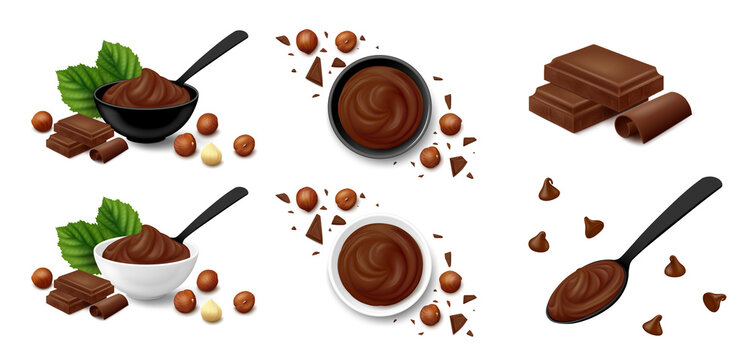 Hazelnut cocoa spread in black or white bowl, filbert kernels, hazel leaves, chocolate pieces, chips and chunks, two blocks of bar with curl, paste in spoon. Realistic vector illustration.