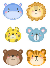 Cute hand drawn zoo animals for Kids poster. Cute bear, tiger, lion, hippopotamus, koala, leopard. Cartoon vector illustration. Hand drawn vector illustration for posters, cards, t-shirts.