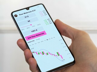 Stock exchange market chart, Stock market data on smartphone. Business analysis of an raw materials ETF