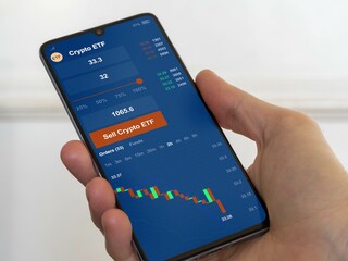 Stock exchange market chart down, etf cryptocurrency bear market, crypto crash. Blockchain funds,...