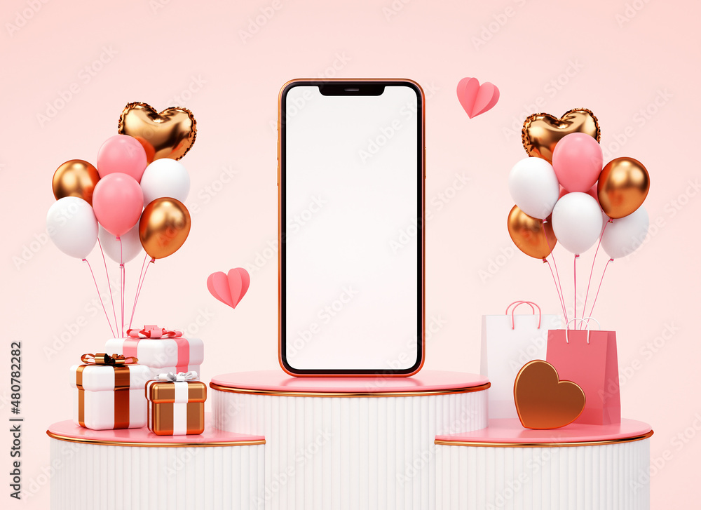 Poster valentines day mobile phone mockup for banner background in 3d rendering. blank screen template for 