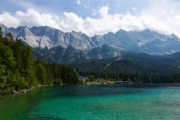 mountain spring landscape, beautiful alps and lake