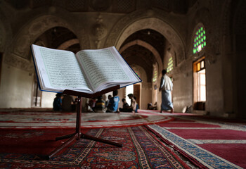 A picture of the Holy Quran in one of the historical mosques in the Yemeni city of Taiz, showing...