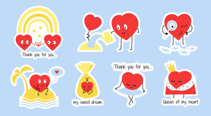 Romantic stickers with red happy hearts. Vector sticker sheet for Valentines day with cute heart characters. Love and friendship. Perfect match. Couple in love. Two hearts. Find your love, soulmate