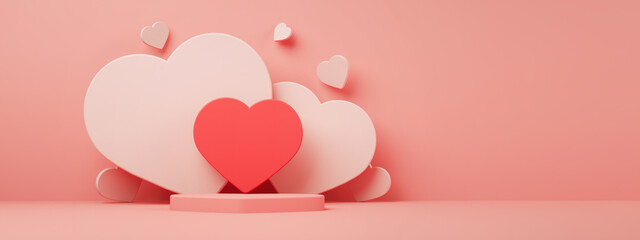 podium for products with hearts, Valentine's Day concept, 3D rendering, panoramic mock-up - obrazy, fototapety, plakaty