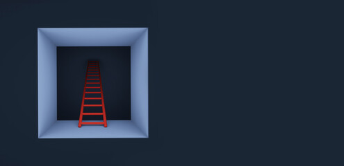 red ladder in empty room, 3d rendering, ladder to freedom, panoramic layout