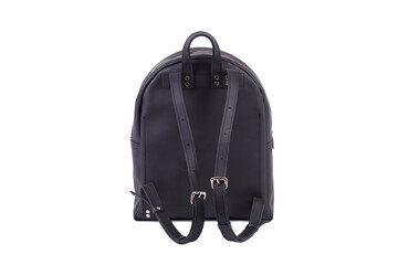 Black leather backpack standing on a white background in the studio