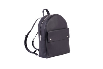 Black leather backpack standing on a white background in the studio