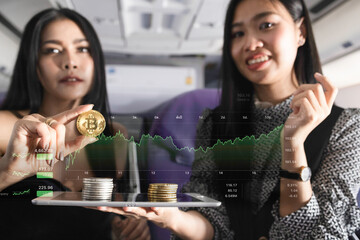 Freelance Business woman trade digital money or cryptocurrency during aboard travel