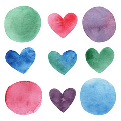 Hand drawn abstract watercolor palette of circles and hearts. Texture of pink, purple, blue and green colors.