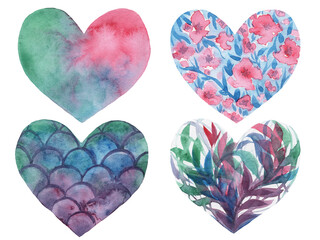 Set of hand drawn watercolor hearts and drops for valentine's day. Abstract patterns with watercolor texture.