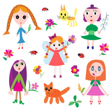 Cute cartoon girls with flowers and cats children's drawings
