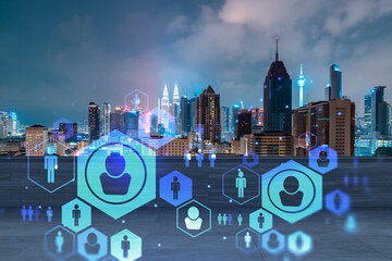Rooftop with wooden terrace, Kuala Lumpur night skyline. Recruitment process to hire candidates for international business consulting. HR, networking digital icons. City downtown. Double exposure.