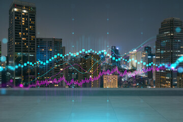 Rooftop with concrete terrace, Bangkok night skyline. Forecasting and business modeling of financial markets hologram digital charts. City downtown. Double exposure.