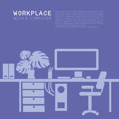 Computer Desk, workplace for office or freelancing, work at home. Simple vector silhouette in very peri color.