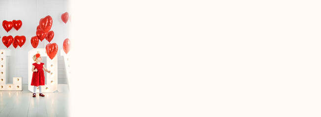 Banner Valentine's Day Concept. little girl in a red dress near big letters inscription love and with red balls in form of hearts. Word LOVE