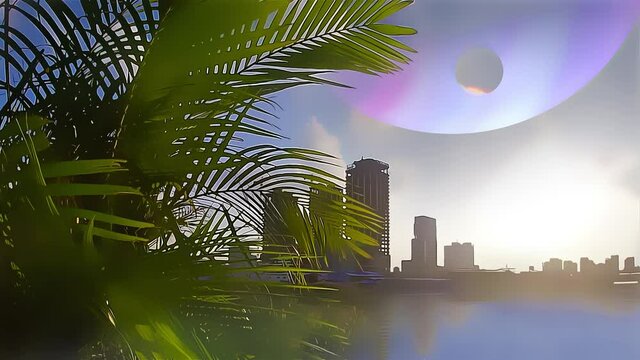 Anime Sky over Skyscrapers of City of a Colony on Another Planet - view through the swaying foliage of a palm tree.