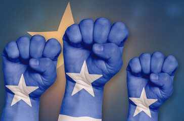 The Somalia flag is drawn on a clenched fist and in the background.