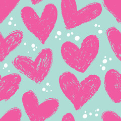 Seamless pattern with pink hearts on a mint background.