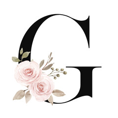 Floral alphabet, letter g with watercolor flowers and leaf. Monogram initials perfectly for wedding invitations, greeting card, logo, poster and other design. Hand painting.