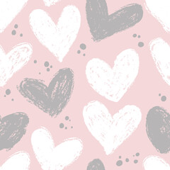 Seamless pattern with hearts in pink and gray tones. The pastel background is painted with a dry brush.