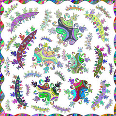 Seamless pattern with interesting doodles on colorfil background.