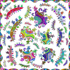 Seamless pattern with interesting doodles on colorfil background.