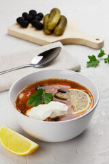 Traditional russian meat soup Solyanka in a white bowl and ingredients