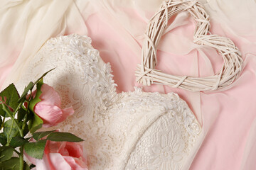 Wedding background with heart, flowers roses and elegant white dress