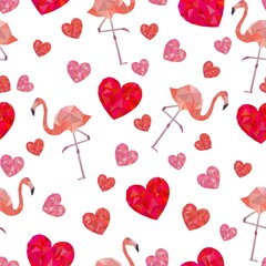 Seamless pattern background with hearts and flamingos in low poly style. - 480789818