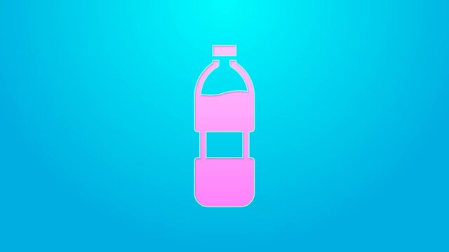 Pink line Bottle of water icon isolated on blue background. Soda aqua drink sign. 4K Video motion graphic animation
