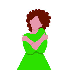 self love in afro theme. dark-skinned girl, curly hair, short. hugs herself.