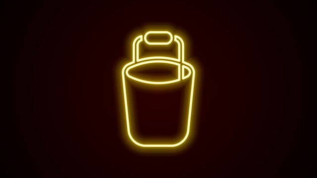 Glowing neon line Bucket icon isolated on black background. Cleaning service concept. 4K Video motion graphic animation