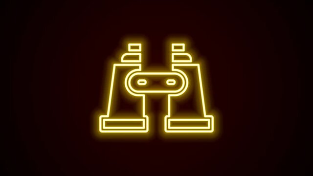 Glowing neon line Binoculars icon isolated on black background. Find software sign. Spy equipment symbol. 4K Video motion graphic animation
